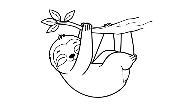 Cute baby sloth hanging from a tree branch, simple black and white line art illustration.