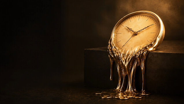 Melting Golden Clock with Fluid Drips on Dark Background with Copy Space: Concept of Time Running Out, Deadline, and Financial Crisis