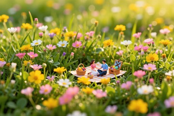 Naklejka premium Tiny couple sits on checkered blanket for romantic picnic in meadow filled with colorful wildflowers. Miniature man, woman spend sunny day together outdoors among green grass, bright blossoms.
