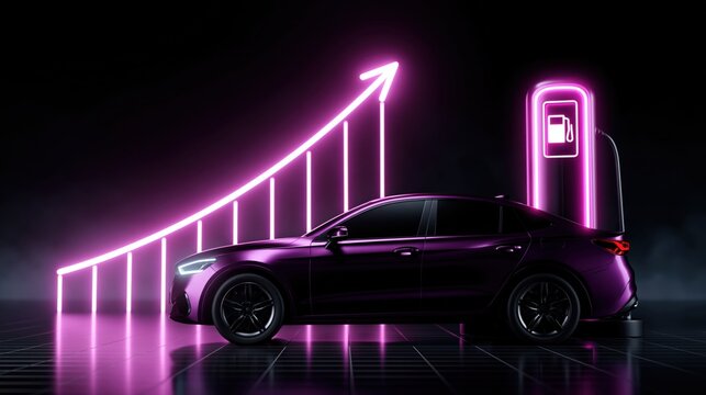 A sleek purple car embodies progress and innovation. ..Created with Generative AI, not depicting real subjects.