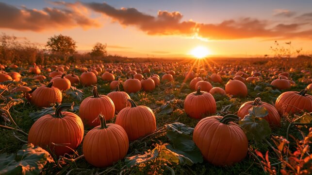 Autumn pumpkin patch at sunset with golden light and dramatic clouds over a rural field