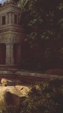 A weathered stone building stands quietly amidst lush greenery, its intricate details illuminated softly by the fading light. The peaceful atmosphere invites exploration and reflection.