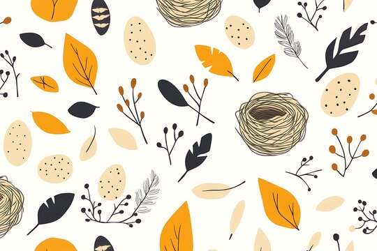 Autumnal nature pattern with leaves and nests