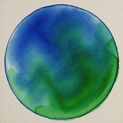 Fototapeta premium Round watercolor painting blue green gradient on textured paper. Abstract circle shape with fluid paint effect. Organic texture, soft edges, wet brush strokes.