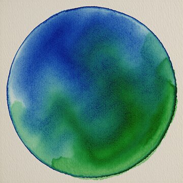 Round watercolor painting blue green gradient on textured paper. Abstract circle shape with fluid paint effect. Organic texture, soft edges, wet brush strokes.