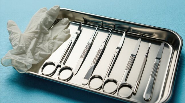 Metal tray holds sterile surgical tools and latex gloves. Includes scissors forcpic scalpels probes for medical procedures. Ready for clinic or hospital use.