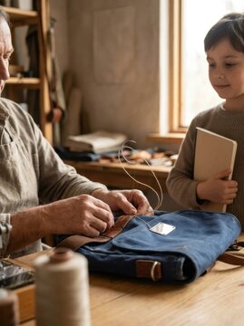 Elderly craftsman repairing a bag with a young boy observing in a workshop