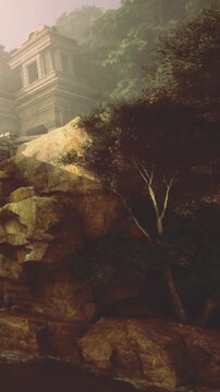 A serene landscape showcases a mysterious temple nestled in lush greenery. Sunlight gently breaks through the trees, illuminating the stone structure against the rocky terrain.