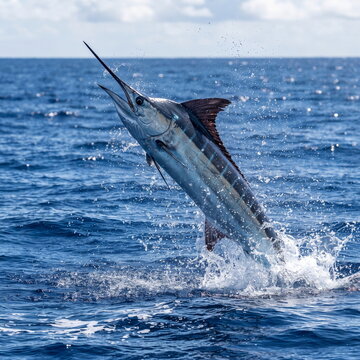 Dynamic Marlin Fish Jumping and Splashing Out of Deep Blue Ocean