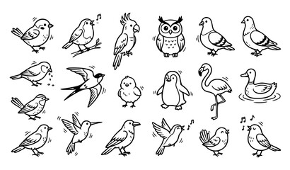 Obraz premium Cute Bird Illustration Collection with Sparrow Pigeon Owl Flamingo Penguin and Hummingbird Characters in Various Poses