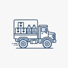 Fototapeta premium Humanitarian aid truck carrying medical supplies and water bottles. Side view vector illustration of a relief delivery vehicle with cargo boxes and large water jugs.