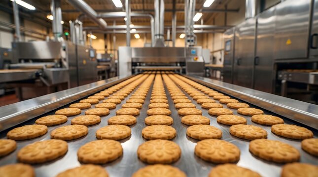 Numerous cookies on a conveyor belt in factory.