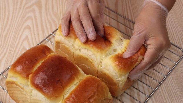 Hands Tearing Freshly Baked Brioche Bread on Cooling Rack