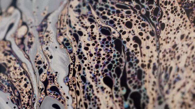 Abstract Macro Fluid Art with Iridescent Bubbles and Swirling Gray Liquid