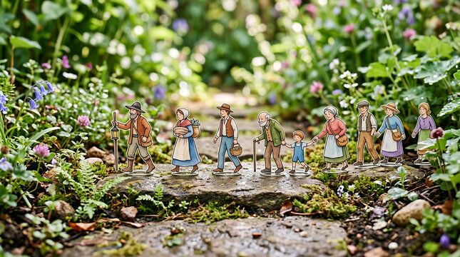 Travelers journey along a stone garden path lined with vibrant green plants and flowers.