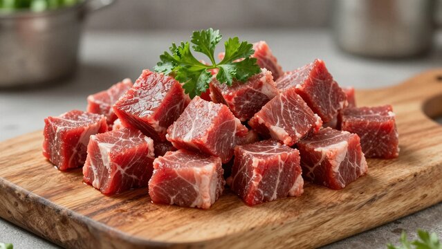 Freshly cut raw beef chunks on wooden cutting board with parsley garnish, prepared for culinary use.