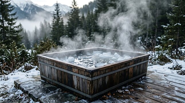 Steaming Wooden Hot Tub in Snowy Mountain Forest Landscape