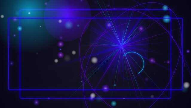 Particle physics collision background with neon purple and blue orbits inside rectangular frame showing energy discharge.