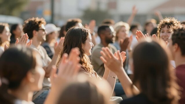 A joyful crowd applauds during a volunteer celebration event under warm sunlight, showing appreciation and community spirit.
