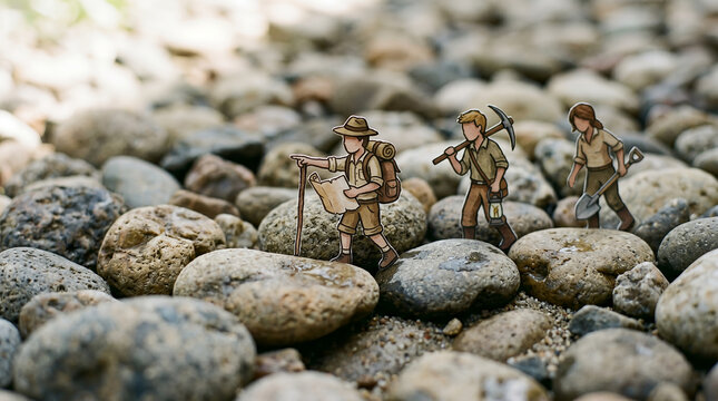 Explorers walk across a path of river stones while searching for hidden treasures.