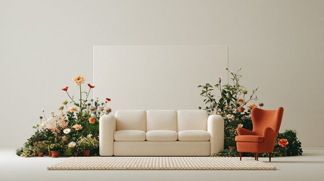 Modern minimalist living space with textured cream three seater sofa and warm orange wingback chair framed by wild potted flowers and empty blank canvas on neutral beige wall