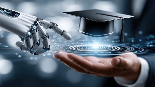 The robotic hand of artificial intelligence extends towards a graduation cap. ..Created with Generative AI, not depicting real subjects.