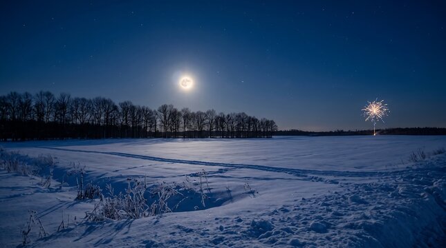 Full moon over snowy winter landscape with distant fireworks at night