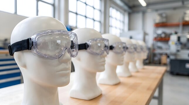 Clear safety goggles on white mannequin heads in workshop training facility.