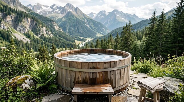 Luxury Wooden Hot Tub with Stunning Alpine Mountain View in the Alps