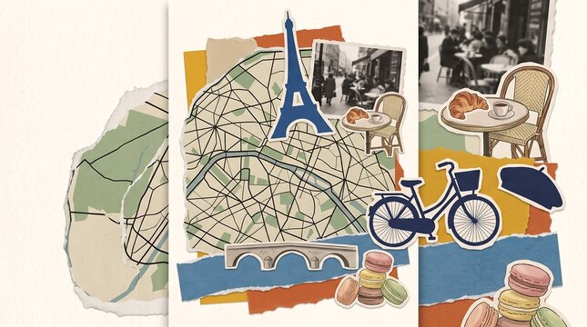 Paris travel collage with map, Eiffel Tower, bicycle and French food elements.