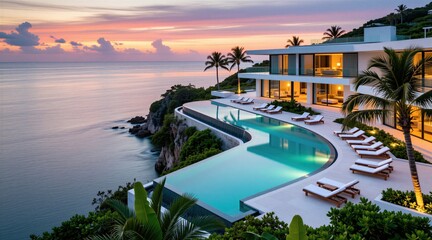 Fototapeta premium Modern villa with infinity pool on cliffside oceanfront at sunset. Luxury vacation home with lounge chairs, palm trees, scenic sea view. Peaceful island retreat offers beautiful twilight sky.