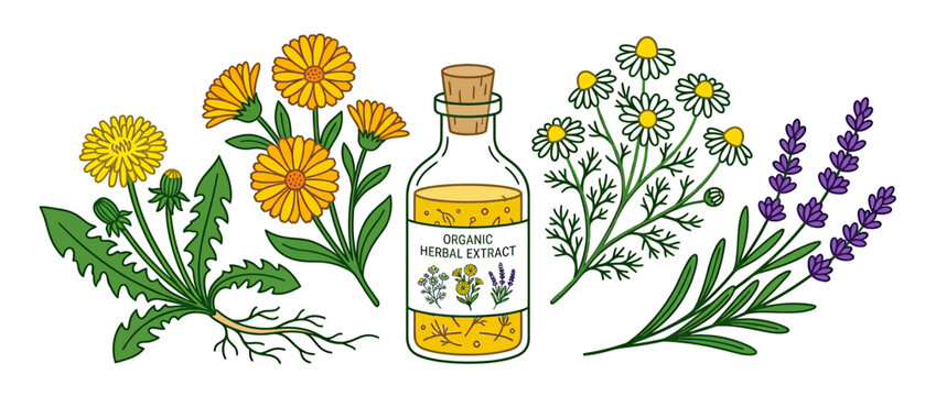 Herbal extract bottle surrounded by medicinal plants and flowers