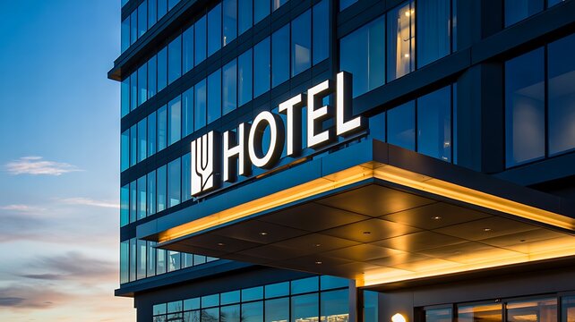 Modern hotel entrance with illuminated signage at evening