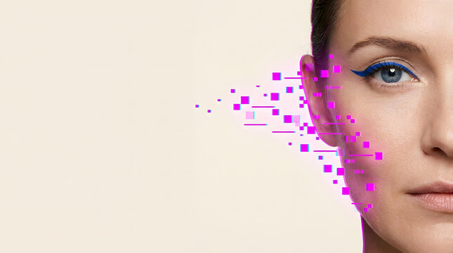 Glitchy Glam Close Up Beauty Portrait with Pink Pixel Dispersion Effect, Copy Space and Horizontal Composition