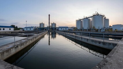 Fototapeta premium Modern wastewater treatment facility with large tanks and concrete channels reflecting twilight sky.