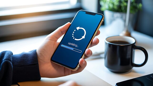 Smartphone showing software update progress with refresh symbol on modern workspace