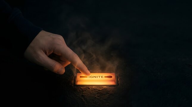 Human finger pressing glowing orange ignite button against dark background