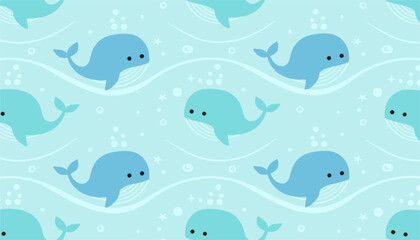 Naklejka premium Cute seamless pattern showing cartoon blue whales swimming in light blue water with small waves and tiny bubbles.