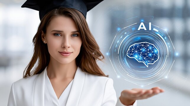 A confident female graduate, adorned with a graduation cap and gown, gestures towards a glowing AI brain hologram. ..Created with Generative AI, not depicting real subjects.