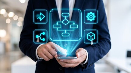 Obraz premium Professional businessman uses a smartphone displaying glowing neon blue workflow diagrams with technical icons in a sharp studio lit environment
