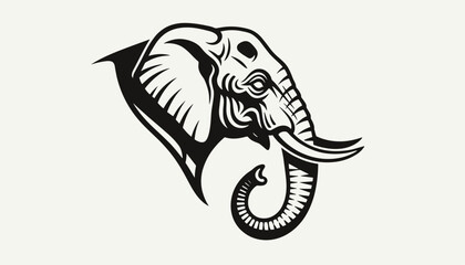 Fototapeta premium Black and white graphic illustration of an majestic elephant head with curved tusks in silhouette style.