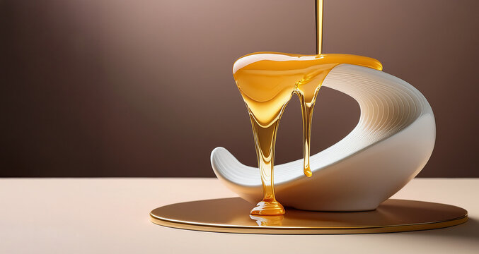 Thick golden honey pouring over a white modern sculpture on a beige background with copy space
