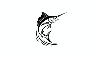 Fototapeta premium Dynamic black and white graphic illustration of a majestic marlin fish jumping out of ocean waves.