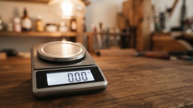 Precision Digital Scale Resting on a Rustic Wooden Workbench in a Craft Studio Setting
