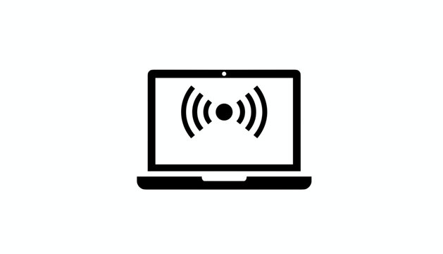 Digital icon of a laptop computer with a wireless transmission signal on its screen in solid black style.