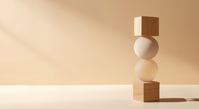 Stacked wooden cubes and white spheres on a beige studio background with large copy space