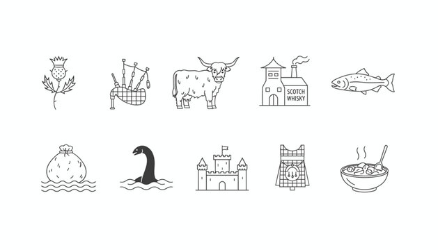Collection of traditional Scottish symbols and icons including bagpipes, highland cow, thistle, and Loch Ness monster.