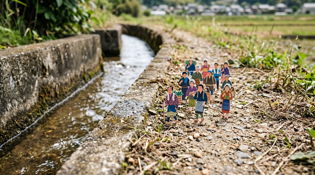 Miniature paper villagers walk along a concrete irrigation canal next to a rural field.