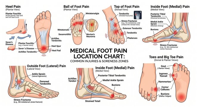 Detailed Medical Foot Pain Location Chart: Comprehensive 2026 Guide to Common Injury Sites and Soreness Zones, Featuring Plantar, Dorsal, Medial, and Lateral Anatomical Views of Conditions like Planta