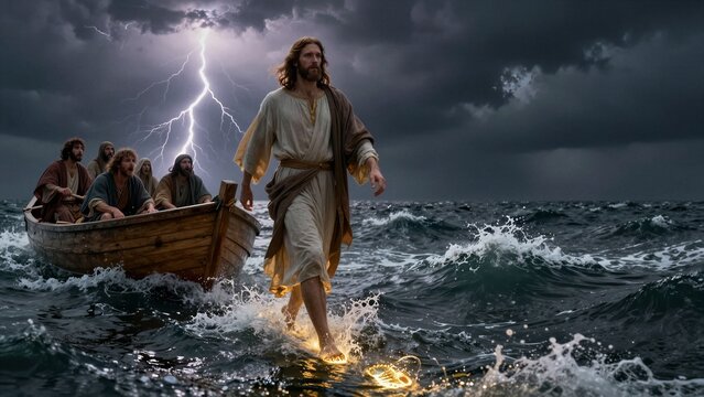 Jesus walks calmly on turbulent waters as lightning strikes above, while disciples in a wooden boat watch in awe.